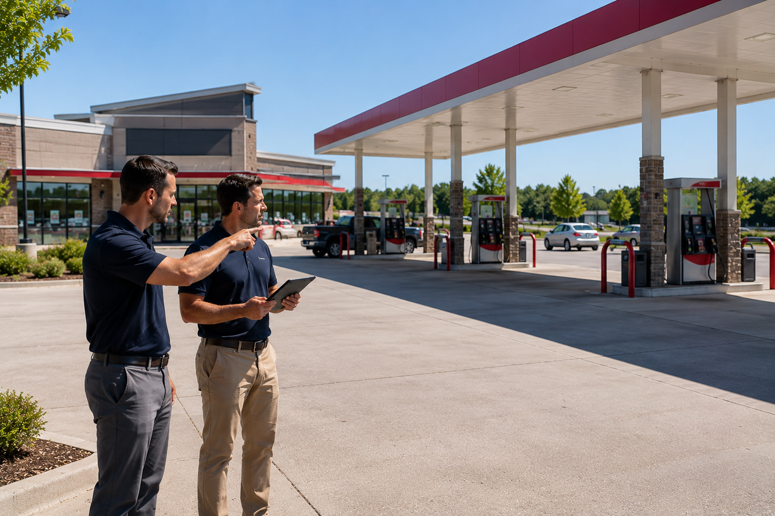 Commercial property inspectors reviewing data on site