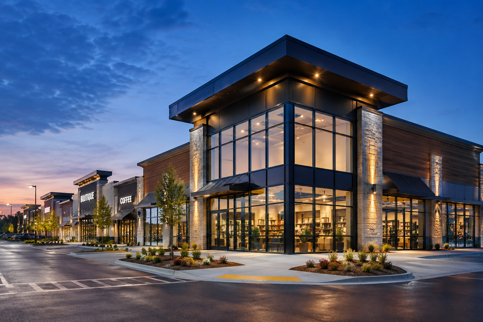 Modern commercial building at blue hour